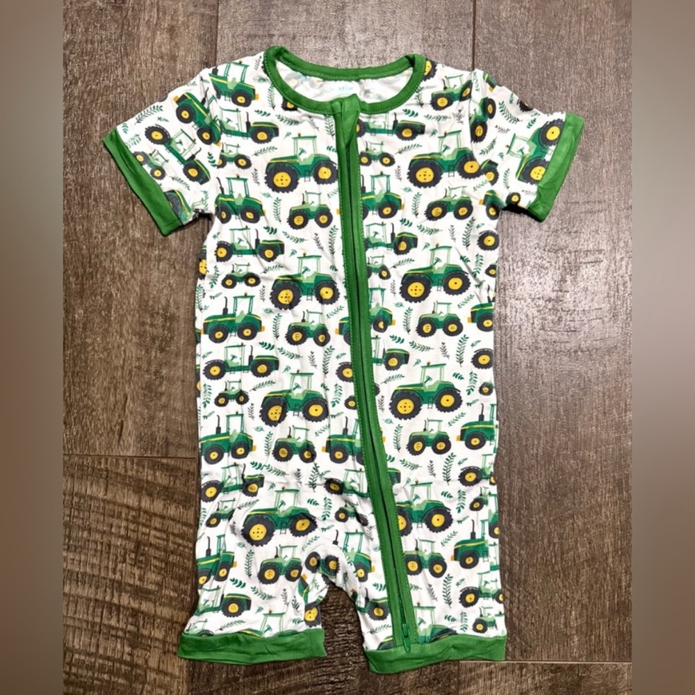 Green Tractor Print Bamboo Baby Romper 0-3m
